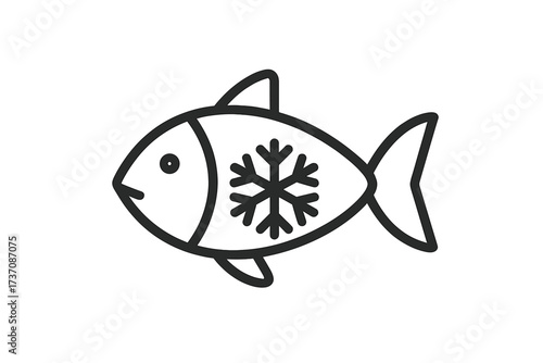 Frozen fish outline icon with snowflake symbol. Vector seafood illustration for grocery store, food packaging, web design. Fresh fish market logo, pictogram for freezing product.