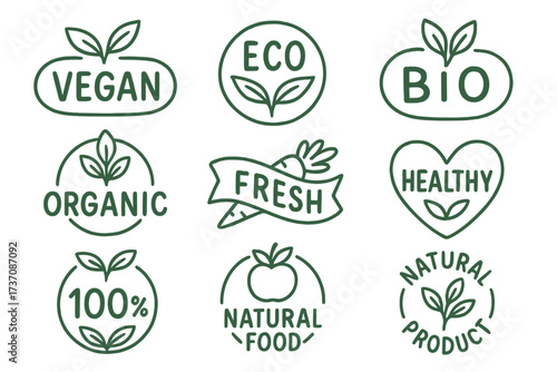 Set of healthy food labels. Vegan, eco, bio and organic product badges. Collection of natural food logos. Fresh and 100% healthy emblems for packaging, sticker, tags. Vector icon.