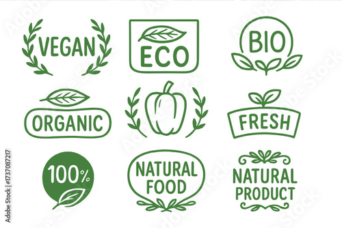 Vegan, bio, eco friendly icon set. Organic, fresh, 100% natural food labels. Healthy product packaging badges, vegetarian restaurant logo. Green vector emblem collection.