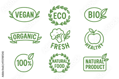 Set of vegan, organic, and bio food labels. Healthy, fresh, and natural product icon collection. Eco-friendly emblems, badges, and logos for food packaging and stickers.