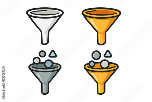 Sales funnel vector icon set for marketing and data analysis. Lead generation, filtering, and conversion rate optimization concept. Process of sorting and organizing information.