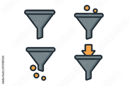 Sales funnel vector icon set. Marketing conversion process. Data filtering and lead generation concept. Business workflow optimization. Customer journey infographic element. Filter.
