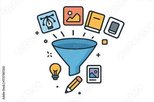 Creative process and marketing funnel concept. Vector illustration of filtering ideas, data, and content for lead generation and sales conversion. Business strategy design.