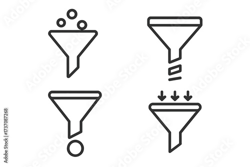 Sales funnel icon set. Marketing process with lead generation, data filtering, and conversion. Business strategy concept for infographics, websites, and apps. Vector line art.