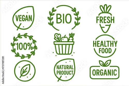 Vegan, bio, and organic food icon set. Green line art labels for healthy, fresh, and eco products. 100% natural food badges, emblems, and stamps for package design. Vector.