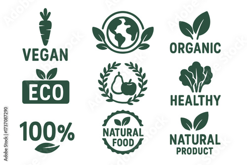 Set of vegan, organic, eco, bio food labels. Healthy, 100% natural product logos for packaging. Green vector icons, badges, stamps, symbols, and emblems for fresh food.