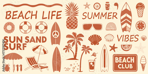 Beach life summer vibes sun sand surf tropical vacation fun elements collection