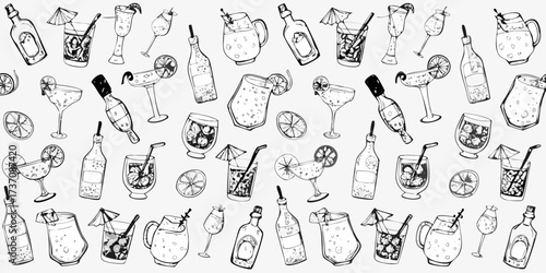 Hand drawn black and white pattern of various cocktails and drinks with fruit garnishes and umbrellas