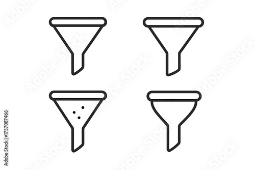 Simple funnel icon set with transparent background, vector line art illustration for graphics, design, books, adverts, apps, user interface, filtering concept, ordered collection