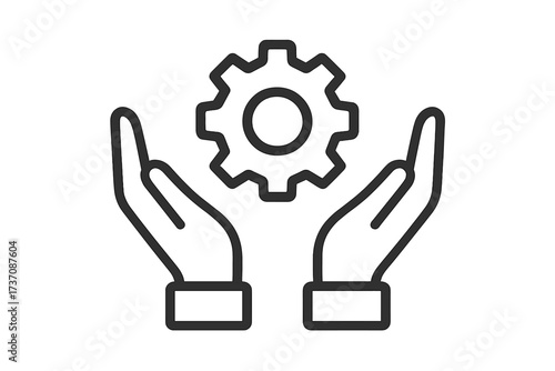 Vector icon of hands holding gear and cogwheel symbolizing technical support, maintenance, engineering, settings, service, and process management concepts