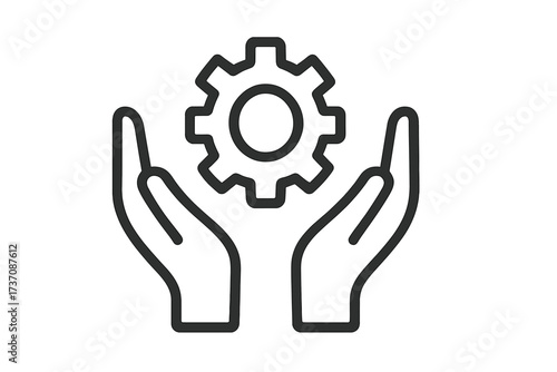 Hands holding gear icon, cogwheel technology symbol, service support, mechanical maintenance concept vector illustration for websites, apps, business cards, digital use