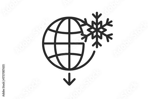 Global cooling icon with snowflake, minimalistic outline vector graphic for web design, apps, banners, social media, cards, cartoon style transparent background
