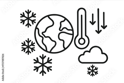 Global cooling concept outline vector illustration with Earth, snowflakes, thermometer, cloud, cold temperature arrows, cartoon style for graphic design, ads, web