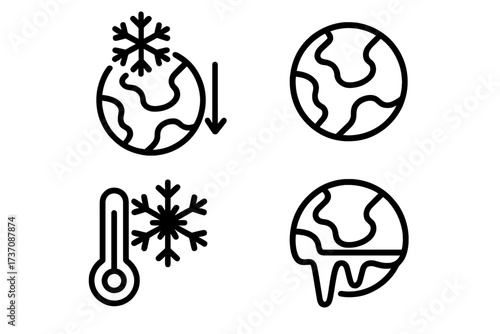 Global cooling concept icons set with Earth outline, snowflake symbol, freezing thermometer, and icy planet illustration. Climate change impact vector signs for graphic design and apps.