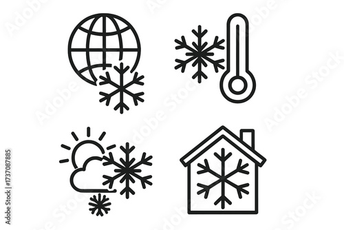 Global cooling outline linear icons set with world, thermometer, weather, and home symbols featuring snowflakes, winter chill concept, cold temperature graphics for apps, adverts, cards