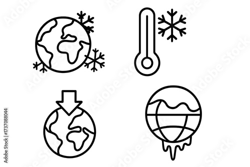 Global Cooling Outline Vector Icons Set, Earth with Snowflakes, Cold Temperature Thermometer, Freezing Planet Concept, Environmental Symbols for Graphic Design, Apps, Advertisements, Cards