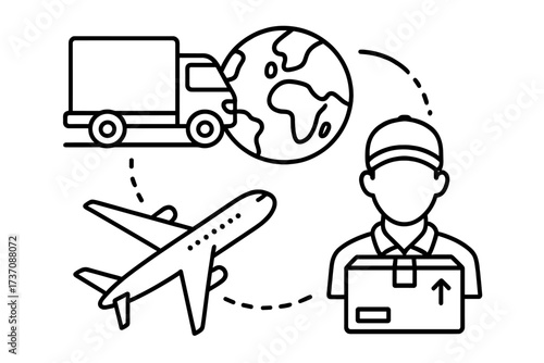 Global delivery concept outline vector illustration with airplane, delivery truck, package courier, worldwide shipping logistics, express transport service icon design