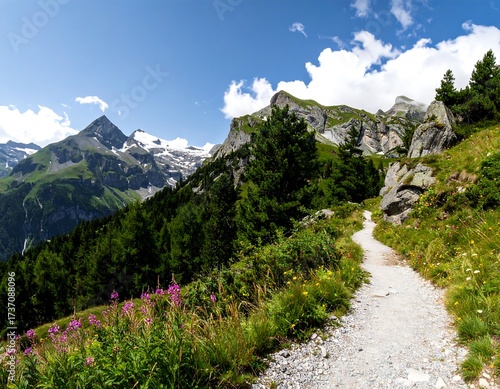Mountain path through alpine scenery