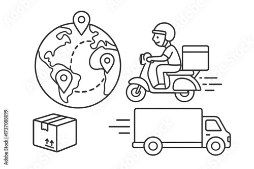 Global delivery outline vector illustration with a scooter courier, delivery truck, package, and world map with location pins for fast shipping, logistics, e-commerce, and global transport concepts