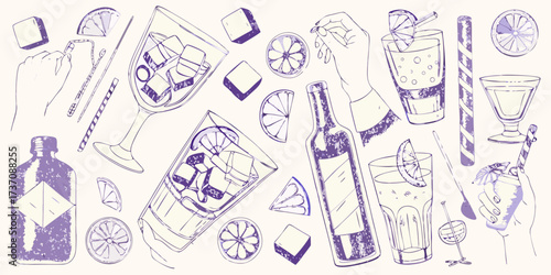 Hand drawn illustration of alcoholic beverages with ice and citrus slices in a playful pattern
