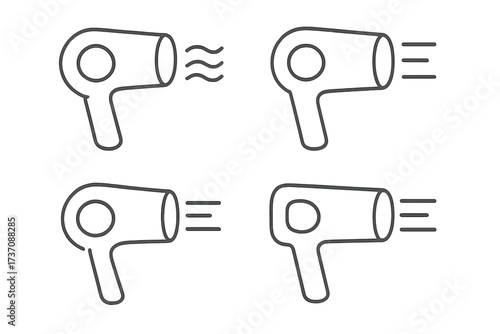 Hair Dryer Icons Set, Vector Cartoon Illustration of Hairdryer with Different Airflow Styles, Isolated Transparent Background, Beauty and Salon Tool Symbol, Styling Appliance