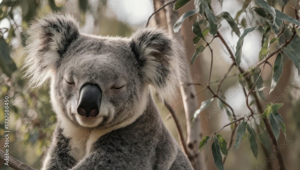 Naklejka premium Sleepy koala in eucalyptus tree