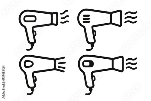 Hair dryer icon set with simple thin line design, vector cartoon illustration of hair blowers with airflow waves, perfect for web, apps, books, cards, beauty and salon graphics