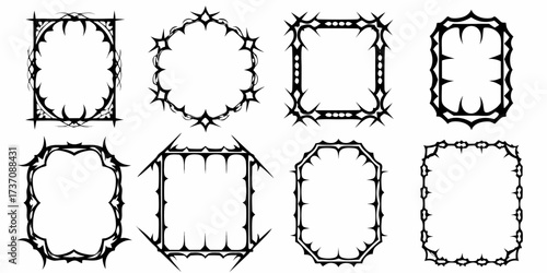 Collection of eight unique black and white decorative frames with sharp spiky edges and gothic design elements