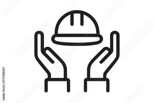 Safety helmet held between hands, modern outline icon for design, cards, apps, social networks, vector cartoon illustration with transparent background, protection and security concept