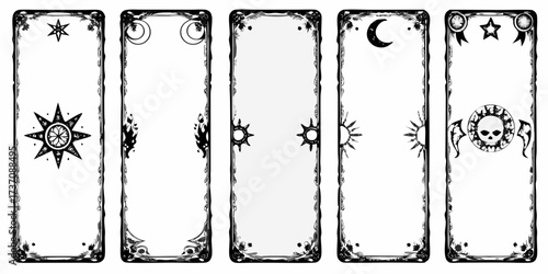 Collection of five ornate vertical frames with celestial and macabre decorative elements