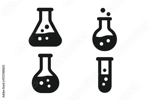 Laboratory Flask Vector Icons Set, Minimalistic Chemistry Beaker and Test Tube Line Art for Science, Education, Medical Research, Web Design, App and Banner Graphics Transparent Background