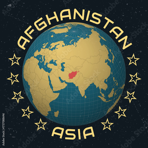 Afghanistan on Globe. Country name round text. Vintage look with grunge scratched texture. Country view on world map in Sky Blue Light Yellow color palette. Afghanistan shape on map.