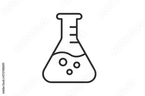 Laboratory flask minimalistic outline icon with liquid and bubbles, science chemistry symbol, vector cartoon illustration for web, apps, banners, social media, transparent design