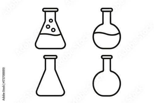 Laboratory Flask Outline Icons Set, Chemistry Science Line Art Vector, Science Equipment Symbols for Graphic Design, Apps, Advertising, Educational Cards Illustration