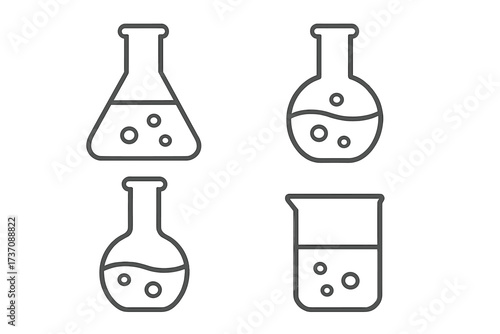 Laboratory flask outline icons set with transparent background, vector cartoon illustration, chemical glassware symbols for graphic design, apps, adverts, educational and scientific projects