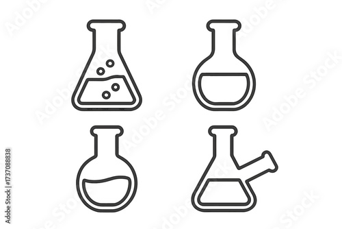 Laboratory Flask Outline Line Icons Set, Science Chemistry Beaker Vector Illustrations, Transparent Background, Graphic Design Elements for Apps, Ads, and Cards