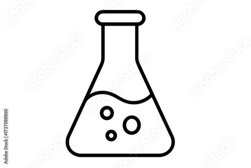 Laboratory Flask Outline Vector Illustration, Science Chemistry Beaker with Liquid and Bubbles, Linear Cartoon Design for Graphic, Web Design, Apps, Advertising, Transparent Background