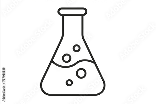 Laboratory Flask Outline Linear Vector, Scientific Chemistry Beaker with Liquid and Bubbles, Transparent Background Cartoon Illustration for Graphic Design, Apps, Adverts, Cards