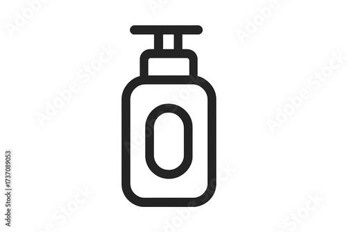 Minimalist outline vector illustration of cosmetic bottle with pump dispenser, simple black linear graphic for beauty, skincare, cosmetic product design, transparent background