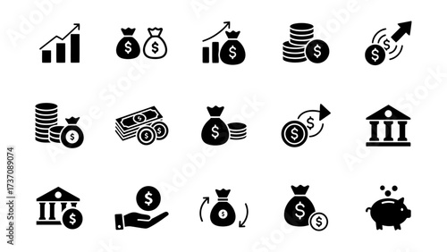 Set of simple glyph icons for finance, money, investment, and banking concepts