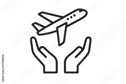 Minimalistic airplane over open hands icon, vector cartoon illustration, safety and care concept for web, apps, banners, social media, and graphic design