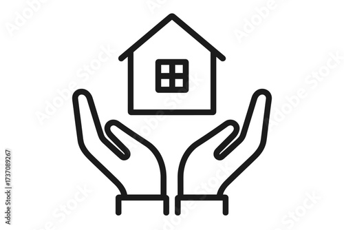 Minimalistic icon of house over open hands protect home concept, safety symbol for web, graphic design, apps, banners, social media, cartoon vector illustration