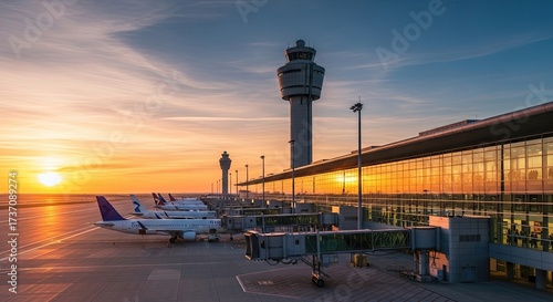 A busy airport terminal with a control tower and planes at sunset.
