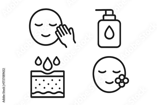 Minimalistic Linear Skin Care Icons Set, Facial Cleanser, Moisturizer, Hydration, and Beauty Symbols for Web, Apps, Banners, Social Media, and Graphic Design