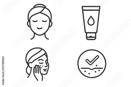 Minimalistic Linear Skin Care Icons Set, Simple Vector Pictograms for Beauty Routine, Facial Treatment Symbols for Apps, Banners, Social Media, Graphic Design