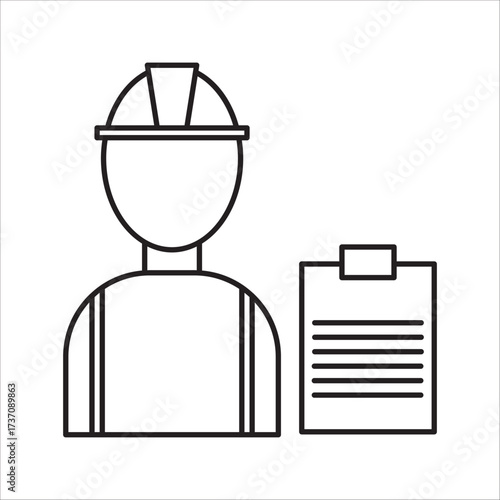 Builder icon, Construction worker, Silhouette symbol. Negative space, Raster isolated illustration, Worker with Hard Hat and Clipboard Icon, Inspection and Safety Checks.