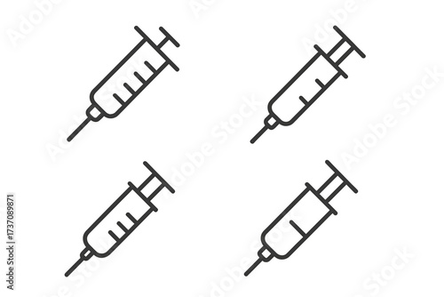 Minimalistic syringe line icon bundle, medical injection vector set, linear pictogram for healthcare design, apps, banners, social media, cartoon style illustration
