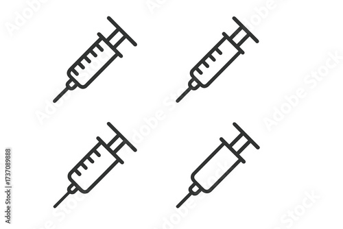 Minimalistic syringe line icon bundle, medical injection pictograms set, simple linear syringe symbols for web, graphic design, apps, banners, and social media vector illustration