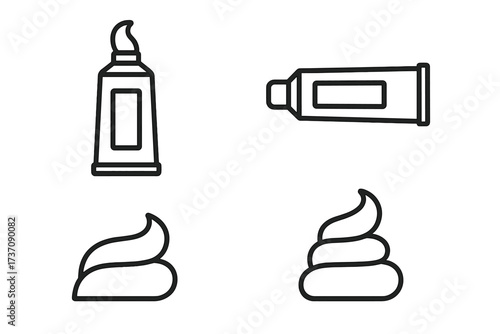 Minimalistic Linear Toothpaste Tube and Cream Icon Set, Vector Cartoon Illustration for Web Design, Apps, Social Media, Banners, and Digital Graphics with Transparent Background