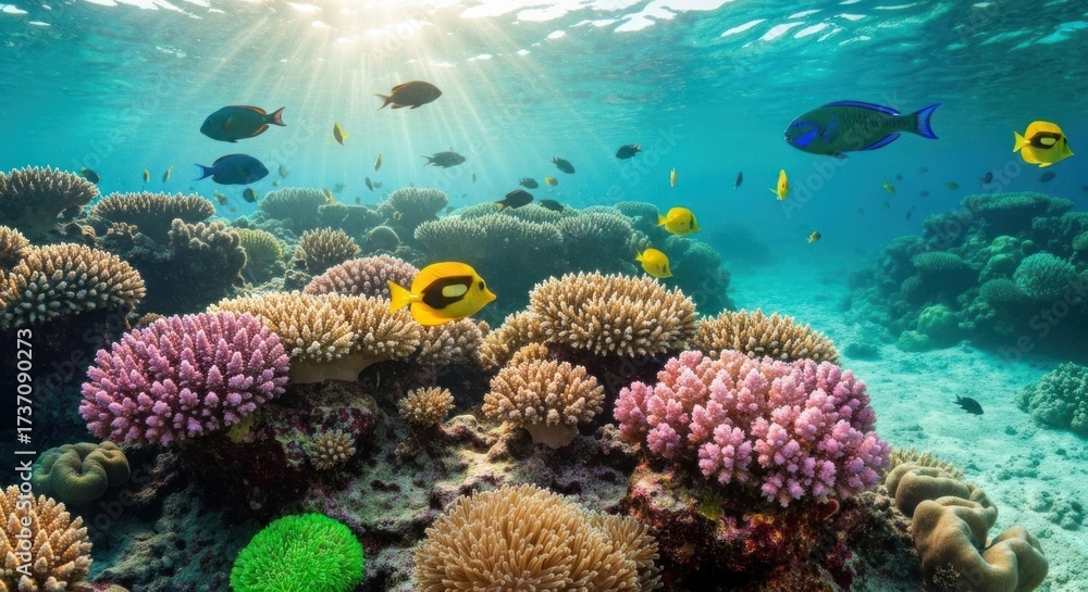 Fototapeta premium Vibrant coral reef teeming with colorful fish. Sunlight streams through the water, illuminating a variety of corals